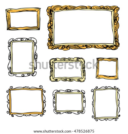 Set of Hand Drawn Colored Picture Frames. Sketch picture frames and photo. Vector illustration.