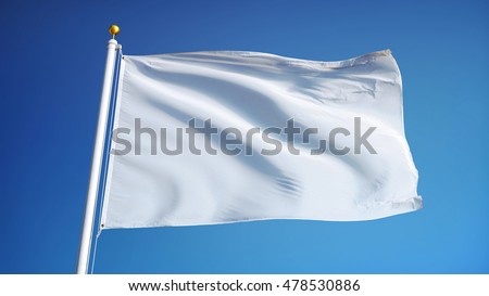 Empty white clear flag waving against clean blue sky, close up, isolated with clipping path mask alpha channel transparency