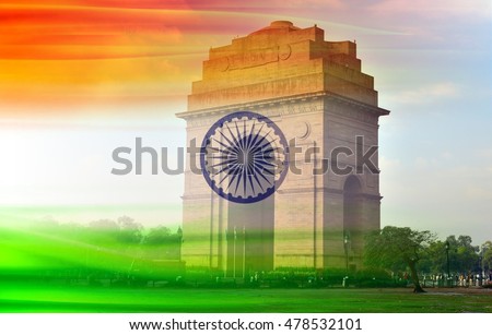 Merged shot of Colorful Indian Flag and India's iconic India Gate Monument. India will be celebrating 70th Independence Day on 15th August