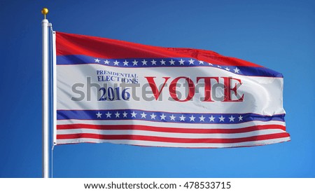 Vote 2016 Presidential Elections USA flag waving against clean sky, close up, isolated on alpha, composition