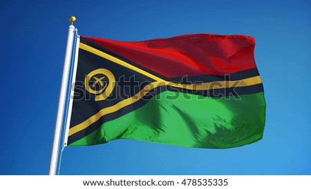 Vanuatu flag waving against clean blue sky, close up, isolated with clipping path mask alpha channel transparency