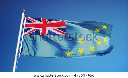 Tuvalu flag waving against clean blue sky, close up, isolated with clipping path mask alpha channel transparency