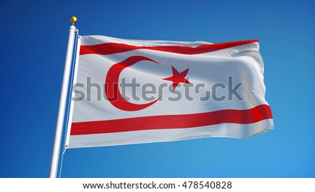 Turkish Republic of Northern Cyprus flag against clean blue sky, close up, isolated with clipping path mask alpha channel transparency