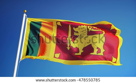 Sri Lanka flag waving against clean blue sky, close up, isolated with clipping path mask alpha channel transparency