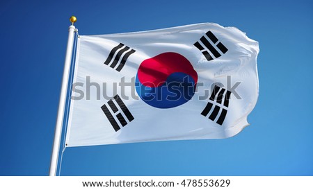 South Korea flag waving against clean blue sky, close up, isolated with clipping path mask alpha channel transparency Royalty-Free Stock Photo #478553629