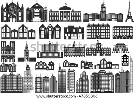 Set of black symbols of buildings, including famous