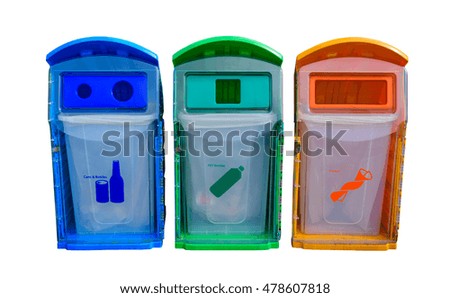 Different colored recycle bins isolated on white background. Waste management concept