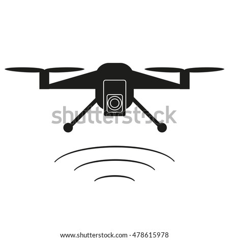 Drone with a camera taking photography or video recording . Black icon on isolated background. Quadrocopter. Flat design.