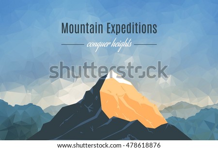 Landscape With Mountain Peaks On Triangulated Background. Polygonal Art. Mountain Expedition Banner. Modern Design Vector Illustration