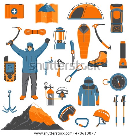 Set Of Colorful Cartoon Mountaineering, Climbing, Hiking And Trekking Elements And Icons For Your Design. Modern Flat Vector Illustration