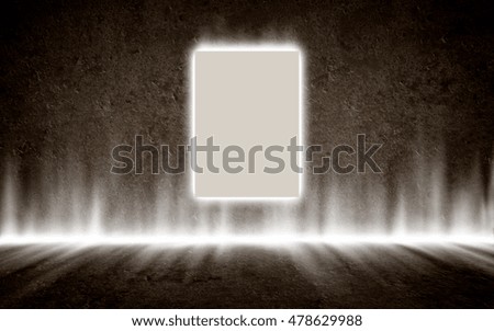 Poster in mysterious glowing interior, background, template design, mock up 