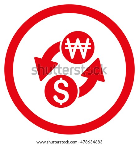 Dollar Korean Won Exchange rounded icon. Vector illustration style is flat iconic symbol, red color, white background.