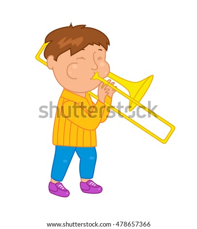Cartoon musician kid. Vector illustration for children music. Boy isolated on white background. Cute school musical student clip art. Trumpeter with trumpet instrument
