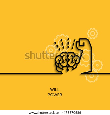 Vector business illustration in linear style with a picture of willpower as brain and muscle hand on yellow background poster or banner template. Royalty-Free Stock Photo #478670686