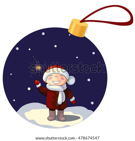 vector illustration of a boy dwarf elf hat mittens scarf coat with sparkler in the snow snowfall snowflake night light 