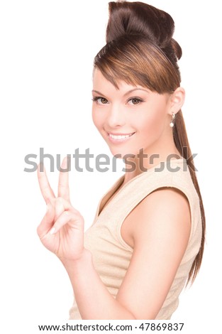 bright picture of lovely blonde showing victory sign