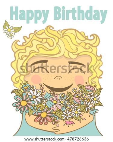 Birthday card with cute girl and flowers