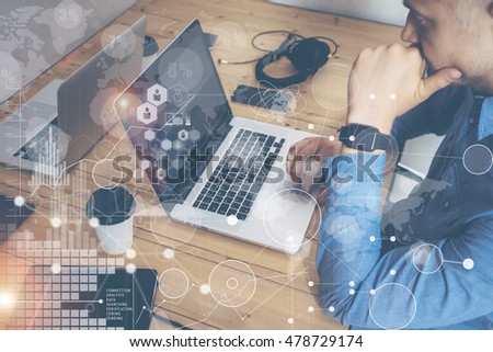 Businessmen Working Modern Desktop Notebook Wood Table.Marketing Manager Researching.Business Team Startup Croworking People Sharing Office.Global Strategy Virtual Icon Graph Interface Screen Online