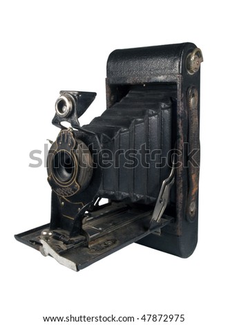 Close-up on the Old Vintage Foldable Camera on White Background