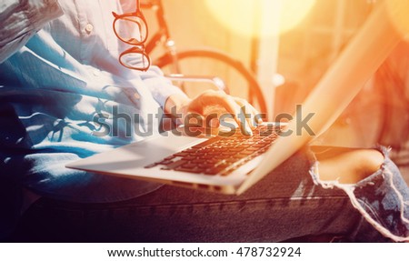 Young Women Student Making Great Business Solution.Social Marketing Professional Decision Corporate Work Concept Modern Office.Startup Creative Idea Presentation Notebook Screen.Closeup Flares Blurred