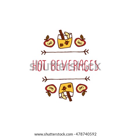 Hand-sketched typographic element with apple, apple cider and text on white background. Hot beverages