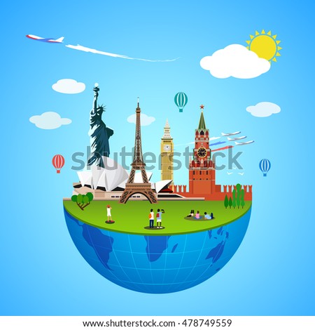World landmarks concept. Vector illustration for travel design. Famous country symbol icon. Tourism city place culture architecture. USA, Russia, London, Paris, Australia. Cartoon trip tour monument.