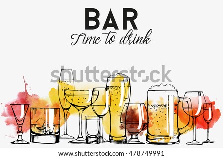 Alcohol drinks banner design. champagne, red wine, white wine, vermouth, brandy, whiskey, beer. Vector set. watercolor texture. Royalty-Free Stock Photo #478749991