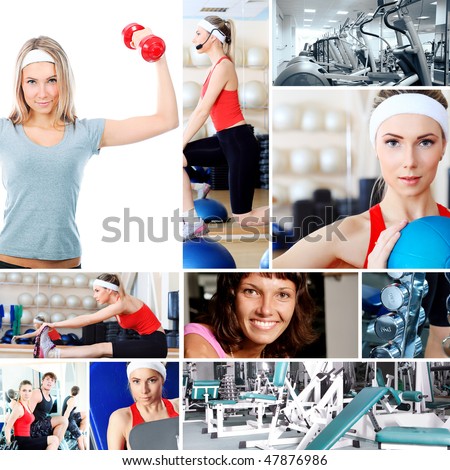Collage of sporty pictures: people, equipment.