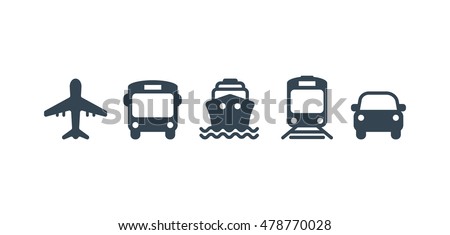 Transport icons. Airplane, Public bus, Train, Ship/Ferry and auto signs. Shipping delivery symbol. Air mail delivery sign. Vector Royalty-Free Stock Photo #478770028