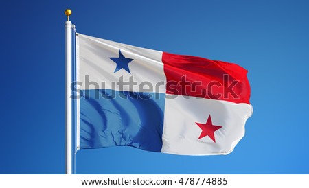 Panama flag waving against clean blue sky, close up, isolated with clipping path mask alpha channel transparency