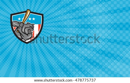 Business Card showing Illustration of a bulldog baseball player batter hitter batting viewed from side set inside shield crest with usa stars and stripes flag in the background done in retro style


