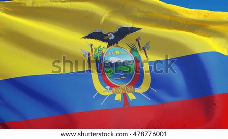 Ecuador flag waving against clean blue sky, close up, isolated with clipping path mask alpha channel transparency