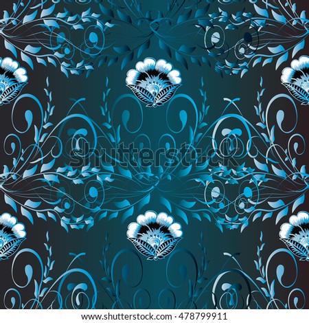 Modern Elegant floral vector seamless pattern wallpaper illustration with vintage stylish decorative light  blue  flowers and ornaments on the dark blue background in Victorian style.