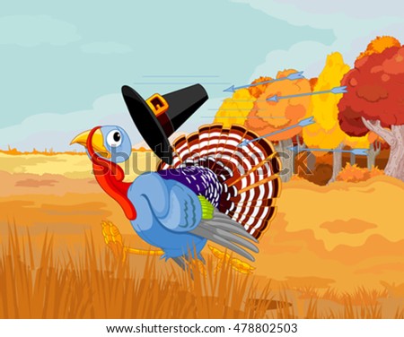 Cartoon turkey escapes from the arrows and loses his hat