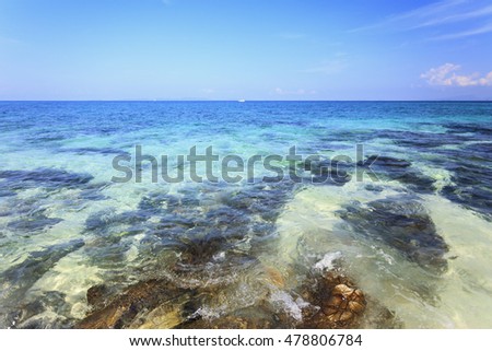 background with sea beach. wooden boat Adaman sea in Thailand.