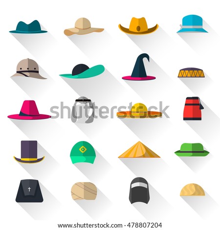Hats icons set isolated on white background,  vector illustration. Different cap and hat with long shadows collection. Sun protection, religious and other  in flat style
