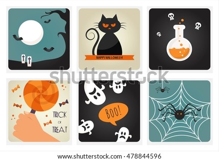 Set of Halloween Concepts. Vector Illustration. spider black cat and lolipops