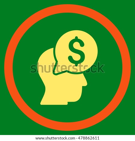 Businessman Think vector bicolor rounded icon. Image style is a flat icon symbol inside a circle, orange and yellow colors, green background.