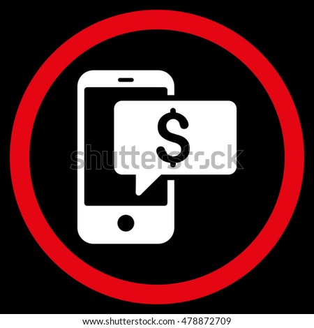 Money Phone SMS vector bicolor rounded icon. Image style is a flat icon symbol inside a circle, red and white colors, black background.