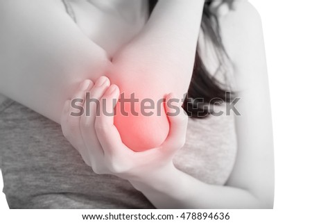 Acute pain in a woman elbow isolated on white background. Clipping path on white background