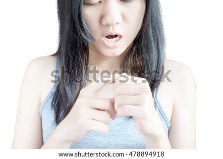Acute pain in a woman finger isolated on white background. Clipping path on white background