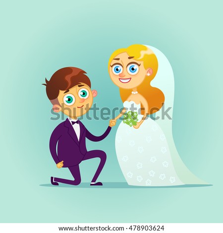 Wedding couple vector illustration.The newlyweds.Happy married.Vectors modern flat character Valentine's day design item man and woman together.Romantic young lovers dating.Getting up on his knee