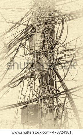 The chaos of cables and wires (Christmas tree) in Kathmandu - Nepal (stylized retro)