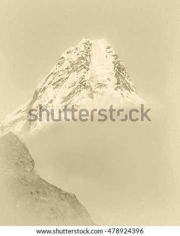 Ama Dablam (6812 m) in the first light of the Sun (view from Phortse to Periche trek) - Everest region, Nepal, Himalayas (stylized retro)