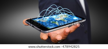 Businessman holding mobile phone in his hand with internet connection and data exchange 3D rendering elements of this image furnished by NASA