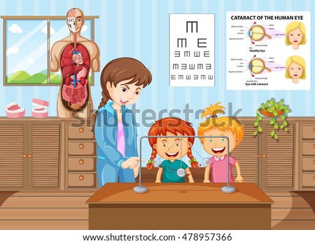 Teacher and students learning in science classroom illustration