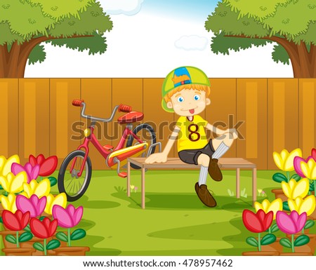 Boy and his bike in the garden illustration