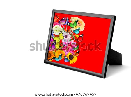 Nature art composition on red. Colorful flowers, butterflies and ladybug. Wooden frame with blank space (for photo,picture or text). Isolated on white background