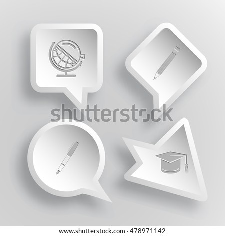 4 images: globe and loupe, pencil, ink pen, graduation cap. Education set. Paper stickers. Vector illustration icons.