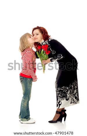 Congratulations on Mother's Day, girl kisses his mother isolated on white